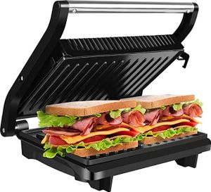 Gotoll GLHS152D Kontaktgrill Tischgrill, Panini & Sandwich Maker, doppelte Grillplatten, geöffnete 180° Kontakt-Grill, 1000 W, antihaftbeschichtet, isolierte Handgriffe, Edelstahlgehäuse