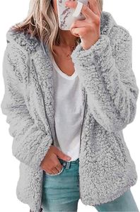 ASKSA Damen-Sweatshirt Flauschige Sherpa-Fleece-Jacke mit Reißverschluss Langärmelig,  Hellgrau, L