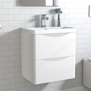 Badmöbel-Set 50 cm HALMON hochglanz Weiß Badezimmerschrank,Mineralgusswaschbecken  mit Unterschrank,Badschrank mit 2 Schubladen