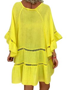 Damen Einfarbiges Hohles Langarmshirts Tunika Loungewear Lässiges Button Oberteile Gelb,Größe:4xl