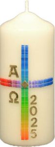 Osterkerze Regenbogenkreuz, A und O, Jahreszahl 120 x Ø 50 mm