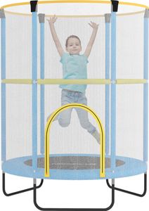 Trampolina dla dzieci AIYAPLAY Ø140 cm, trampolina wewnętrzna z siatką zabezpieczającą, gumową liną, osłoną krawędzi, trampolina dla dzieci z drzwiami z zamkiem błyskawicznym dla dzieci w wieku 3-6 lat Ciemnoniebieski