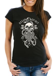 Damen T-Shirt Skull Captain Anker Totenkopf Bart Kapitän Ocean Spirit Slim Fit Neverless® schwarz XL