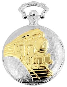 Motiv Taschenuhr Eisenbahn Lok + Kette & Clip Weiß Gold Analog Metall Quarz