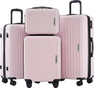 Sada kufrů Flieks 4 ks, sada na kolečkách s kosmetickou taškou, sada cestovních kufrů se 4 kolečky a zámkem TSA, pevná skořepina, S-M-L-XL, růžová barva