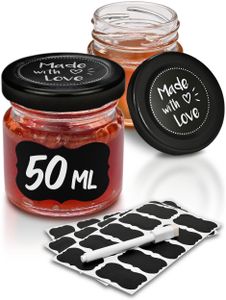 Praknu 24 Mini Gläser mit Deckel 50 ml - Mit Etiketten und Stift - Luftdichte Gläschen zum Verschenken - Für Marmelade und Honig