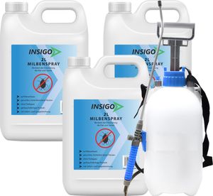 INSIGO 3x2L + 5L Sprüher Anti-Milbenspray, Mittel gegen Milben Milbenbefall Milbenfrei Schutz gegen Eier auf Wasserbasis, fleckenfrei, geruchlos, mit Schnell- & Langzeitwirkung frei EX