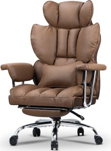 Bürostuhl mit Fußstütze - Ergonomischer Schreibtischstuhl mit Lordosenstützkissen - Großer Chefbürostuhl aus Kunstleder mit Hoher Rückenlehne - Braun