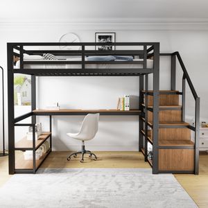 Flieks Etagenbett Metallbett 140x200cm mit Schreibtisch und Regal, Hochbett Jugendbett Kinderbett mit Rausfallschutz, Doppelbett Kinder, Schwarz Flieks Etagenbett Metallbett 140x200cm mit Schreibtisch und Regal, Hochbett Jugendbett Kinderbett mit Rausfallschutz, Doppelbett Kinder, Schwarz