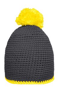 Häkelmütze mit Kontrastrand und Pompon carbon/yellow, Gr. one size