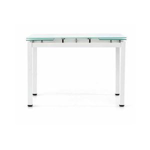 Ausziehbarer Tisch mit weißer Metallstruktur und Glasablage, 110x70x76