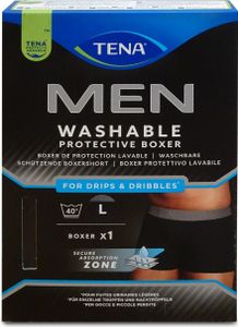 TENA Men Washable Protective Pants Soft Comfy and Secure Boxers for Drips and Dribbles Invisible Protection Classic Cut Light Absorption Black Size L