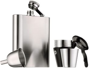 WMF Manhattan Flachmann-Set, 6-teilig, 200ml 20cl, mit Trichter, Stamper im Lederetui, Cromargan Edelstahl mattiert, 13 x 10 cm, Geschenkidee