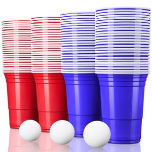 TRESKO Rote & Blaue Partybecher 100 Stück + 12 Bälle Plastikbecher Party Beer Pong Cups