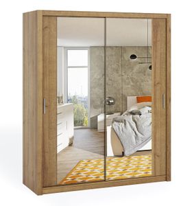 FURNIX Schwebetürenschrank BERTI 2-türiger Kleiderschrank mit Spiegel Schrank 180x215 cm Eiche Gold