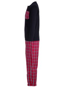 Herren Pyjama langarm Set Baumwolle mit Knopfleiste und langer karierter Hose , Farbe:Schwarz, Größe:L