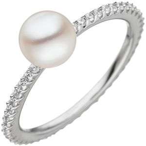 JOBO Damen Ring 925 Silber 1 Süßwasser Perle weiß mit Zirkonia rundum Perlenring