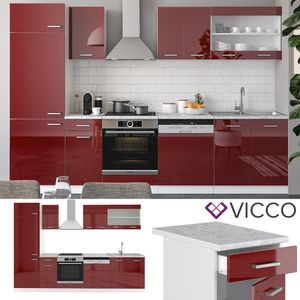 Vicco Küche R-Line 300Cm Küchenzeile Küchenblock Einbau Rot Bordeaux Hochglanz