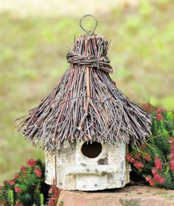 Vogelhaus "Birke" aus Holz, rund, Dach aus Reisig, Vogelhäuschen zum Aufhängen, Nistkasten, Balkon & Gartendeko für Draußen