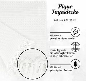 Pique Tagesdecke Bettüberwurf mit Fransen 220x240 cm Weiß