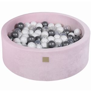 MeowBaby Bällebad 90x30 cm rund Velvet Pastel Pink mit 200 Bällen, Farbe Bälle:Silver/White/Transparent