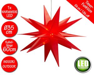 Leuchtstern inkl. warm-weißer LED Beleuchtung | Weihnachtsstern Advent Stern Deko beleuchtet | für Innen und Außen geeignet | mit Timerfunktion | 18 Spitzen | Rot | Ø35cm