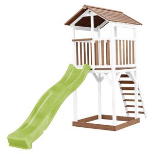 AXI Beach Tower Spielturm aus Holz in Braun & Weiß | Spielhaus für Kinder mit hellgrüner Rutsche und Sandkasten | Stelzenhaus für den Garten