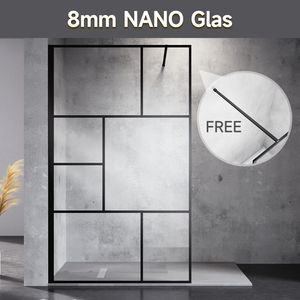 120×200cm Walk-In Duschabtrennung 8mm Nano ESG Klarglas Duschtrennwand--Schwarzes Gitter