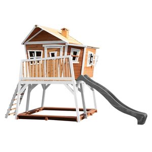 AXI Spielhaus Max mit Sandkasten & grauer Rutsche | Stelzenhaus in Braun & Weiß aus  Holz für Kinder | Spielturm mit Wellenrutsche für den Garten