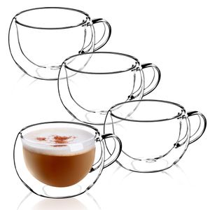 KADAX doppelwandige Glas Tasse "Forli", Glas mit Griff, Trinkglas für Saft, Tee, Kaffee, 4 Stück, 280 ml
