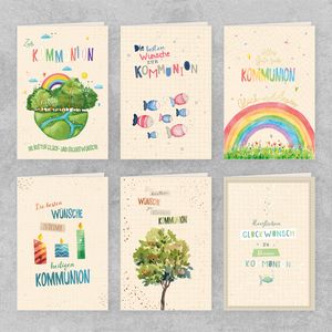 GreenLine Glückwunschkarten zur Kommunion 6 Stück Set mit Umschlag | Kommunionskarten | Handmade Recycling Klappkarte aus 100% baumfreien Zuckerrohrpapier