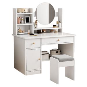 Rebiko Kosmetický toaletní stolek, moderní velké zrcadlové police, bílé dřevo, Skandinávský styl, LOFT