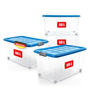 4x 60 L Aufbewahrungsbox mit Deckel groß rollbar azurblau - stabile & robuste Box