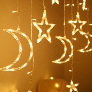 LED Vorhang Lichterketten Stern Mond Fee Girlande Hochzeitsfeier Weihnachten Nachbildung Lampe Warmweiß 3,5 m