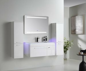 Badmöbel Set 90cm Weiß Hochglanz Keramik Waschbecken LED Spiegel Badezimmermöbel Ohne Seitenschränke