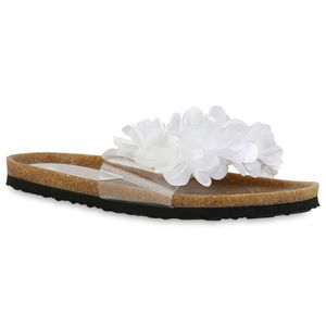 VAN HILL Damen Sandalen Pantoletten Transparente Blumen Profil-Sohle Schuhe 840224, Farbe: Weiß, Größe: 39