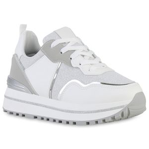 VAN HILL Damen Plateau Sneaker Glitzer Profil-Sohle Metallic Schuhe 840216, Farbe: Weiß Silber Metallic, Größe: 39