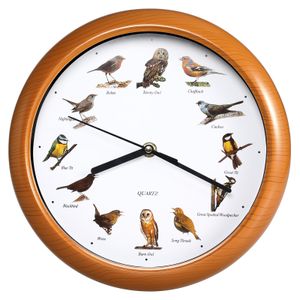 Monzana Wanduhr 12 Vogelstimmen Automatische Nachtruhe Ohne Ticken Quarz-Uhrwerk 25 cm Haushalt Uhr Kinderuhr Holzoptik