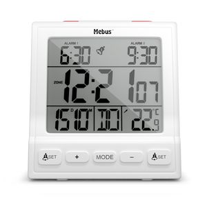 Mebus Funk-Wecker mit Thermometer / Funk-Uhr / Automatische Einstellung von Sommer-und Winterzeit / Zwei Weckzeiten / Farbe: Weiß / Modell: 56813