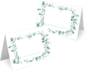 MAVANTO® 50x Blanko Design Tischkarten Hochzeit Geburtstag DIN A7 - Platzkarten zum Beschriften in vielen verschiedenen Designs (Eukalyptus Kranz)