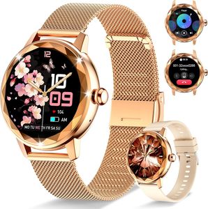 Damen Smartwatch mit Telefonfunktion, 123 Sportmodi, IP67 wasserdicht, Fitnessuhr, Schlafanalyse, Menstruationszyklus, Deutsch unterstützend, Gold