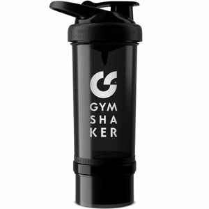 Protein Shaker mit Pulverfach 600 + 150 ml, Premium Protein Shaker mit Wabenstruktur-Sieb für cremige Shakes - GYMSHAKER - Schwarz