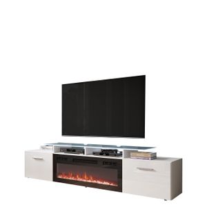 Mirjan24 TV-Lowboard Rova mit Elektrischem Kamin, Stilvoll TV Schrank (Farbe: Weiß Matt / Weiß Hochglanz, mit weißer LED Beleuchtung)
