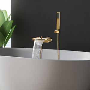 Wasserfall Badewannenarmatur mit Handbrause Dusch Set Wand Wasserhahn (gold)