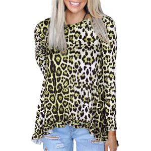 Damen Langarm O-Ausschnitt Leopardenmuster Bluse Top Rüschen High Low Hem T-Shirt
