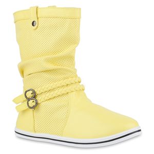Mytrendshoe Damen Schlupfstiefel Sportliche Stiefel Boots Schnalle 70991, Farbe: Gelb, Größe: 39