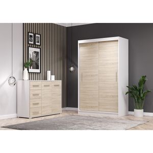 2er-Set Schwebetürenschrank Schrank Kleiderschrank ohne Spiegel Weiß/Sonoma Eiche 120cm Neomi 04 mit Kommode 135cm FRIDA 01