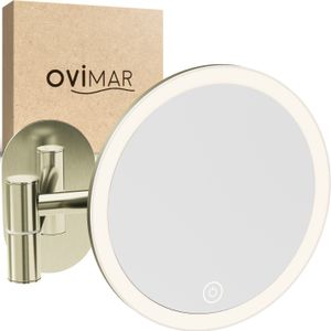 ovimar Kosmetikspiegel Blavand gold | mit Beleuchtung | wiederaufladbar | Wandmontage ohne Bohren | im Badezimmer | 5fach Vergrößerungsspiegel | Schminkspiegel mit Licht | 360 Grad Spiegel
