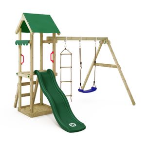 WICKEY hrací věž s prolézačkou TinyCabin s houpačkou a skluzavkou, lezeckou věží s pískovištěm, žebříkem a hracími doplňky - zelená barva