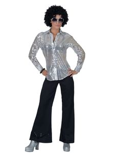 Damen Disco Hemd mit Pailletten silber